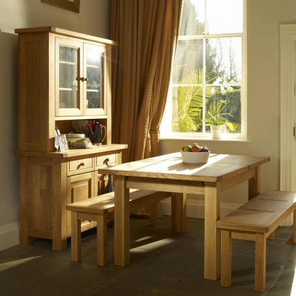 Charltons Bretatagne Oak Extending Dining Table, Oak Benches, 2 Door 2  Drawer Sideboard & 2 Door 2 Drawer Dresser Top