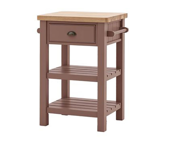 Gallery Direct Eton Contemporary Clay Painted / Oak Butchers Block - Close up image showing the top of the block, the hanging rail and the Clay painted finish