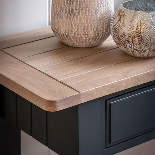 Gallery Direct Eton Contemporary Meteor Painted  / Oak 2 Drawer Console Table - Close up image showing the oak tp finish & Meteor dark blue painted finish on the table frame