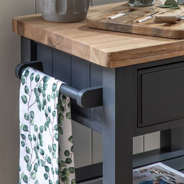 Gallery Direct Eton Contemporary Meteor Painted / Oak Butchers Block - Close up image showing the top of the block, the hanging rail and the dark blue painted finish