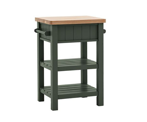 Gallery Direct Eton Contemporary Moss Painted / Oak Butchers Block - Showing both hanging rails, a drawer &  both shelves