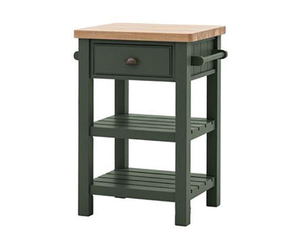 Gallery Direct Eton Contemporary Moss Painted / Oak Butchers Block - Close up image showing the top of the block, the hanging rail and the dark green painted finish