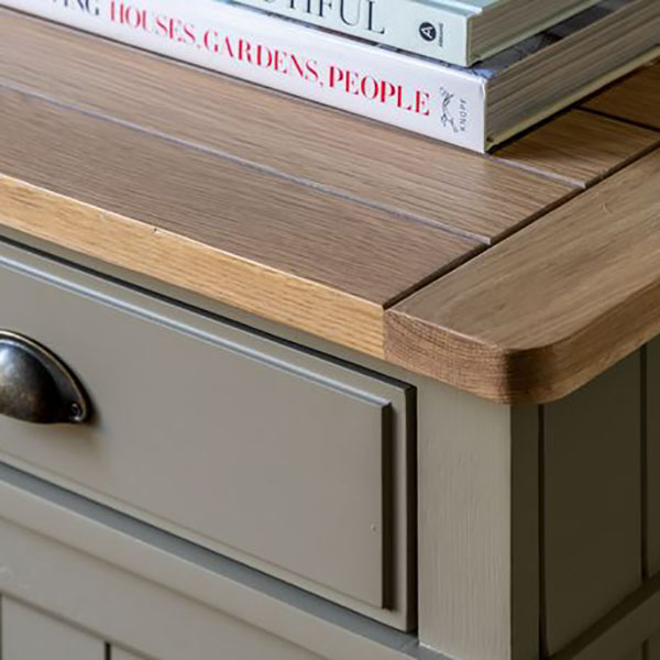 Gallery Direct Eton Contemporary Prairie Painted / Oak 2 Door Sideboard - Close up image showing the finish on the sideboard and a metal drawer handle