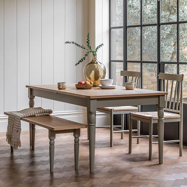 Gallery Direct Eton Contemporary Prairie Painted / Oak Extending Dining Table, Dining Chairs & Dining Bench