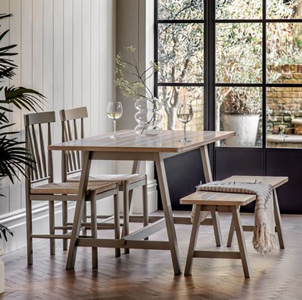 Gallery Direct Eton Contemporary Prairie Painted / Oak Trestle Dining Table, Dining Chairs & Trestle Bench
