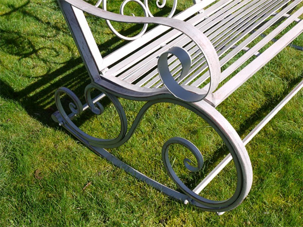 Antique Grey Metal Swirl Garden Rocking Bench - Close up image