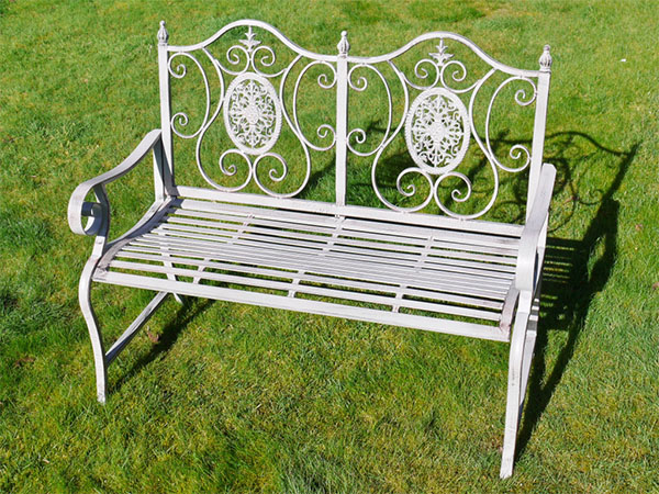 Antique Grey Metal Swirl Garden Bench
