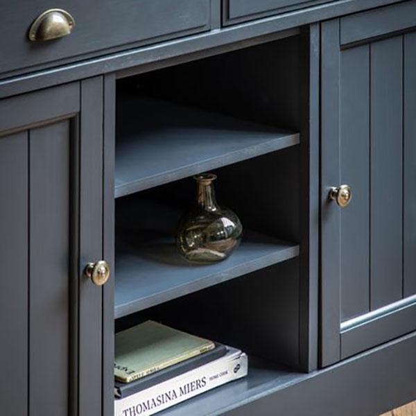 Harvest Direct Harrow Contemporary Meteor Painted / Oak 2 Door 2 Drawer Sideboard - Close up image showing the Meteor dark blue painted finish on the central part of the large 2 door 2 drawer sideboard frame including the central open shelved area, the 2 cupboard doors either side & drawers above