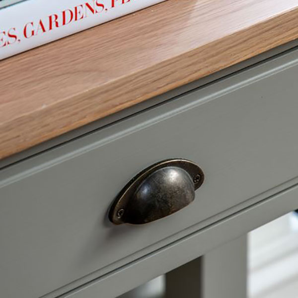 Harvest Direct Harrow Contemporary Prairie Painted  / Oak 2 Drawer Console Table - Close up image showing the oak tp finish & grey painted finish on the table frame
