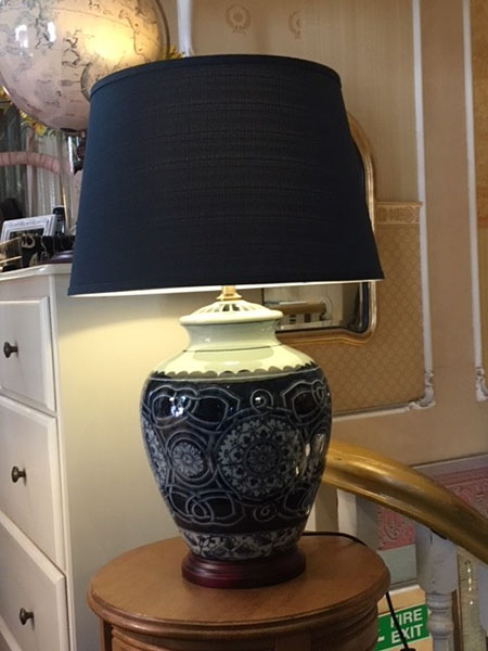 Edison Vintage Lighting Classic Blue / White Table Lamp with Blue Shade on display in our Southport furniture showrooms