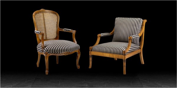 Artistic Upholstery Sienna & Lucca Armchairs in Awning Stripe Black / Camel