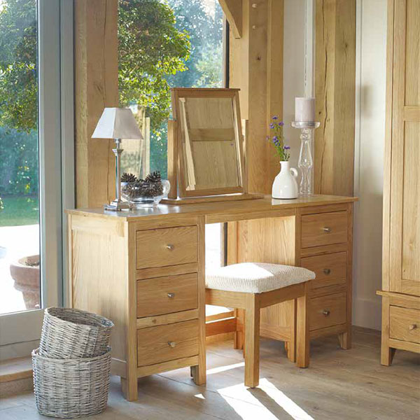 Corndell Nimbus Oak Twin Pedestal Dressing Table, Swivel Mirror & Dressing Table Stool