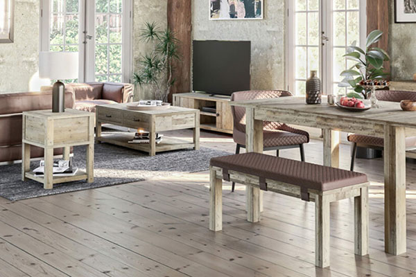 Devonshire Living Chiltern Reclaimed Pine Large 2 Door TV Unit, Coffee Table with 4 Drawers, Lamp Table, Medium Extending Dining Table, Orbit Dining Chairs, Large Dining Bench & Seat Pad