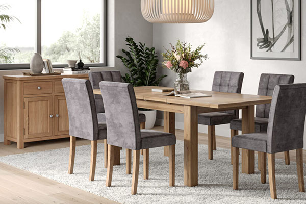 Devonshire Living Dorset Natural Extending Dining Table, Ashbury Graphite Velvet Dining Chairs & 2 Door Sideboard