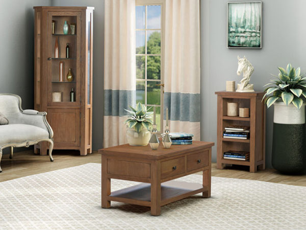 Devonshire Living Dorset Rustic Oak Coffee Table with 2 Drawers, Corner Glazed Display Cabinwt & Small Bookcase