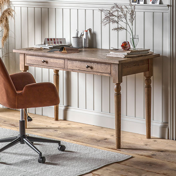 Gallery Direct Cookham Oak 2 Drawer Desk & Faraday Brown Swivel Chair