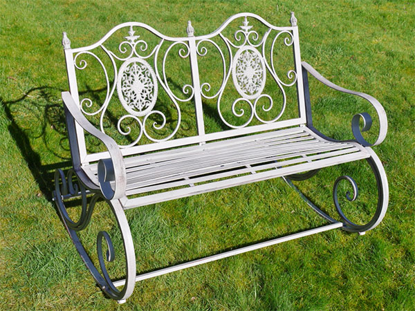 Antique Grey Metal Swirl Garden Rocking Bench