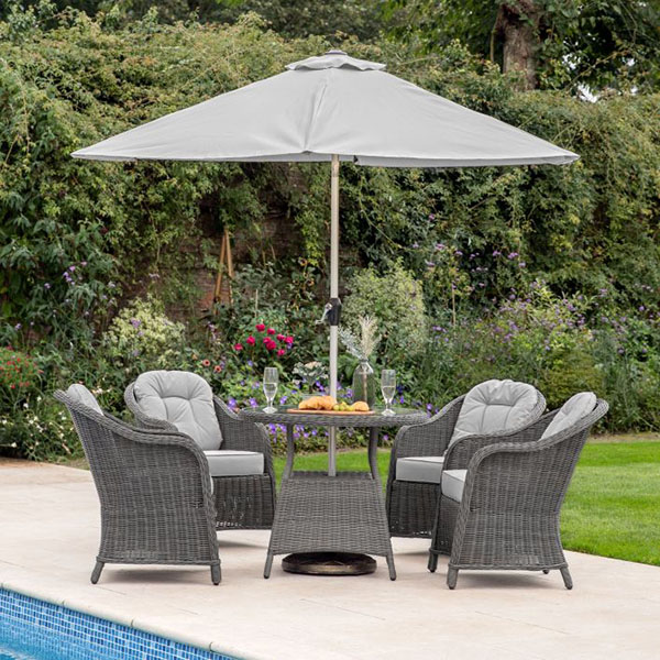 Harvest Direct Fior Natural 4 Seater Outdoor Round Dining Set - Shown here with a parasol (available to order separately)