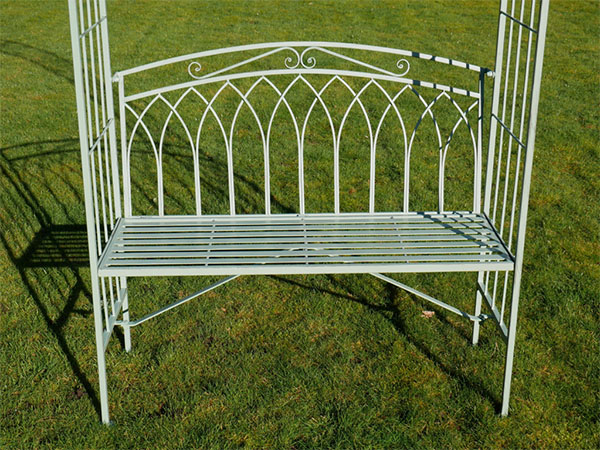 Olive Green Metal Garden Arch and Seat - Close up image showing the the seat part of the olive green garden arch and seat
