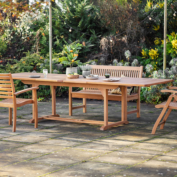 Harvest Direct Poro Outdoor Extending Dining Table, Granada Outdoor Bench & Gomera Outdoor Armchairs