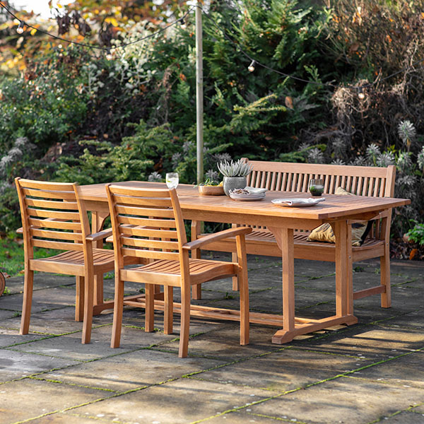 Harvest Direct Poro Outdoor Extending Dining Table, Granada Outdoor Bench & Gomera Outdoor Armchairs