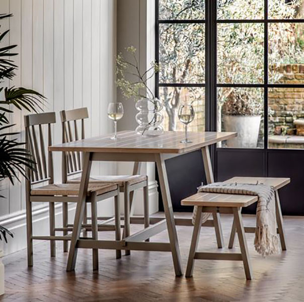 Harvest Direct Harrow Contemporary Prairie Painted / Oak Trestle Dining Table, Dining Chairs & Trestle Bench