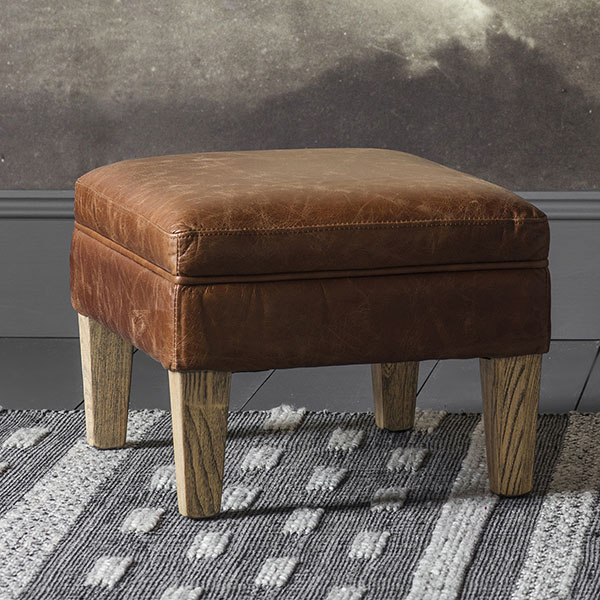 Harvest Direct Bates Vintage Brown Leather Footstool