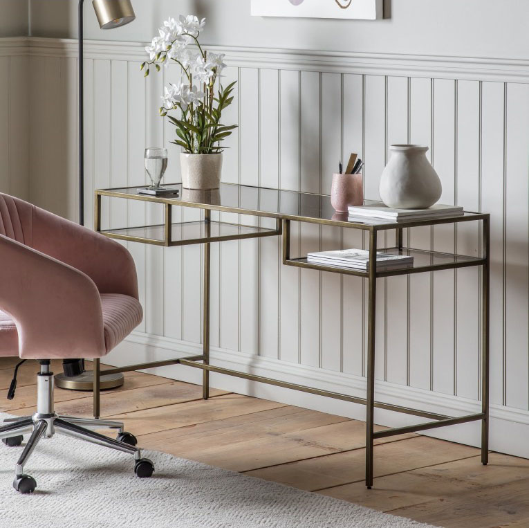 Harvest Direct Cragside Bronze Desk & Walker Pink Velvet Swivel Chair