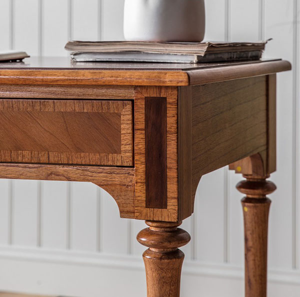 Close up  image showing the patina and attention to detail on the classically styled Harvest Direct Harmony 2 Drawer Desk