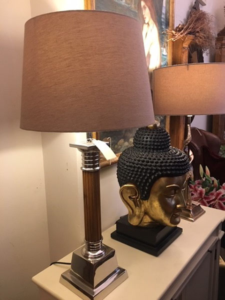 Edison Vintage Lighting Nickel / Wood Table Lamp with Shade on display in our showrooms