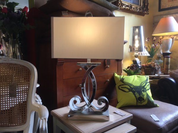 Edison Vintage Lighting Contemporary Curl Table Lamp with White Rectangular Shade on display in our showrooms