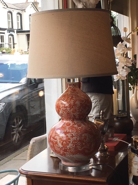 Edison Vintage Lighting Oriental Burnt Orange Bulbous Patterned Table Lamp With Shade on display in our Southport furniture showrooms