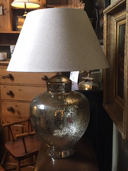 Edison Vintage Lighting Contemporary Silver Finish Table Lamp With Beige Shade on display unlit in our showrooms