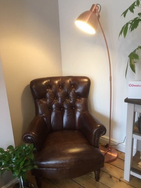 Edison Vintage Lighting Shiny Copper Floor Standing Light shown here with a Tetrad Calvay Leather Chair in a happy ciustomer's home