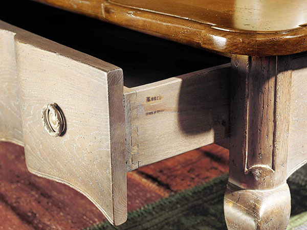Rouchon Esprit de Chateau Louis XV style walnut and oak square coffee table shown here close up with the drawer open