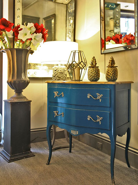Rouchon Esprit de Chateau Louis XV style 2 drawer chest with a painted blue finish