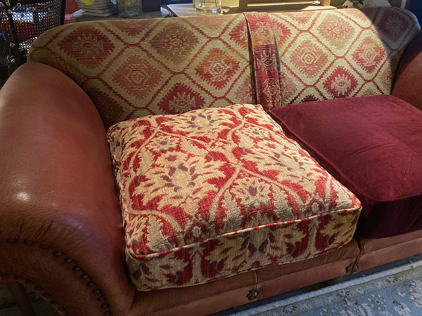 Tetrad Eastwood Sofa - Enigma fabric on left, on right the Verona Ruby Velvet