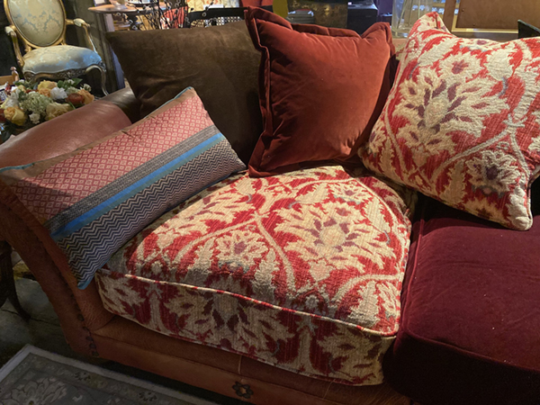 Tetrad Eastwood Sofa - Enigma fabric on left, on right the Verona Ruby Velvet