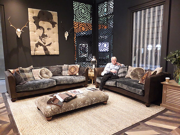 Mr Harvest Moon trying out the Tetrad Lowry Midi Sofa, also shown is the Grand Sofa & Stool