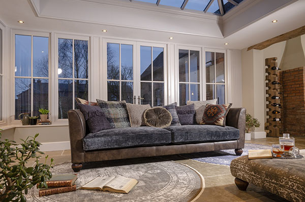Tetrad Cotton Printed Round Khaki Rug, Indigo Rug & Lowry Grand Sofa