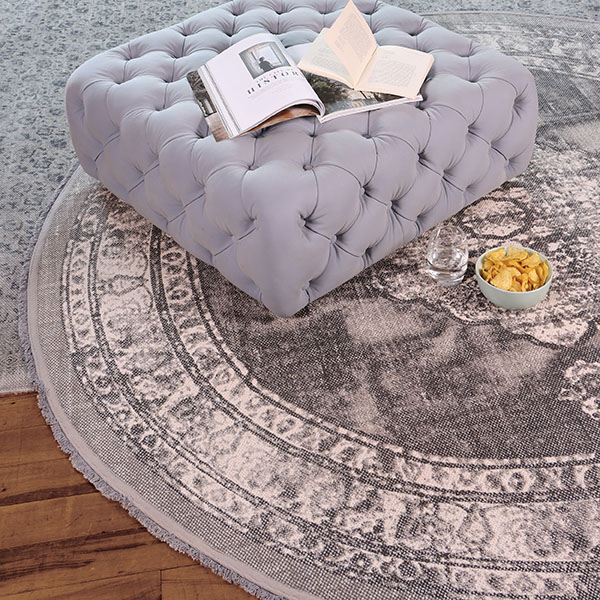 Tetrad Cotton Printed Round Charcoal Rug & FF Pouffe Stool