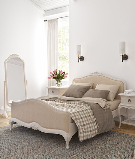 Willis & Gambier Ivory 5ft King Size Upholstered Bedstead, 1 Drawer Bedside Chest & Cheval Mirror 